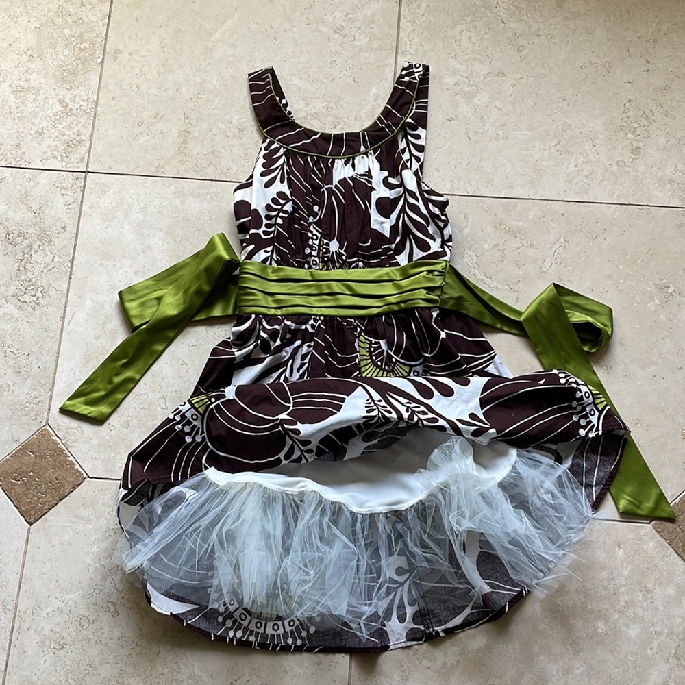 Brown White Green Floral Print TeezeMe Dress Size 7 - Picture 6 of 10